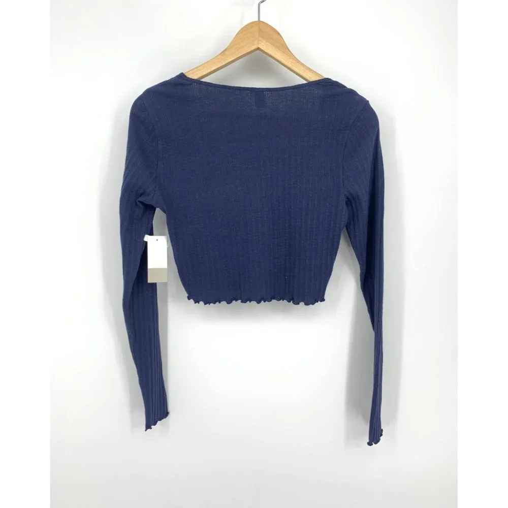 BP Navy Long Sleeve Ribbed Henley Crop Top NEW WITH TAGS